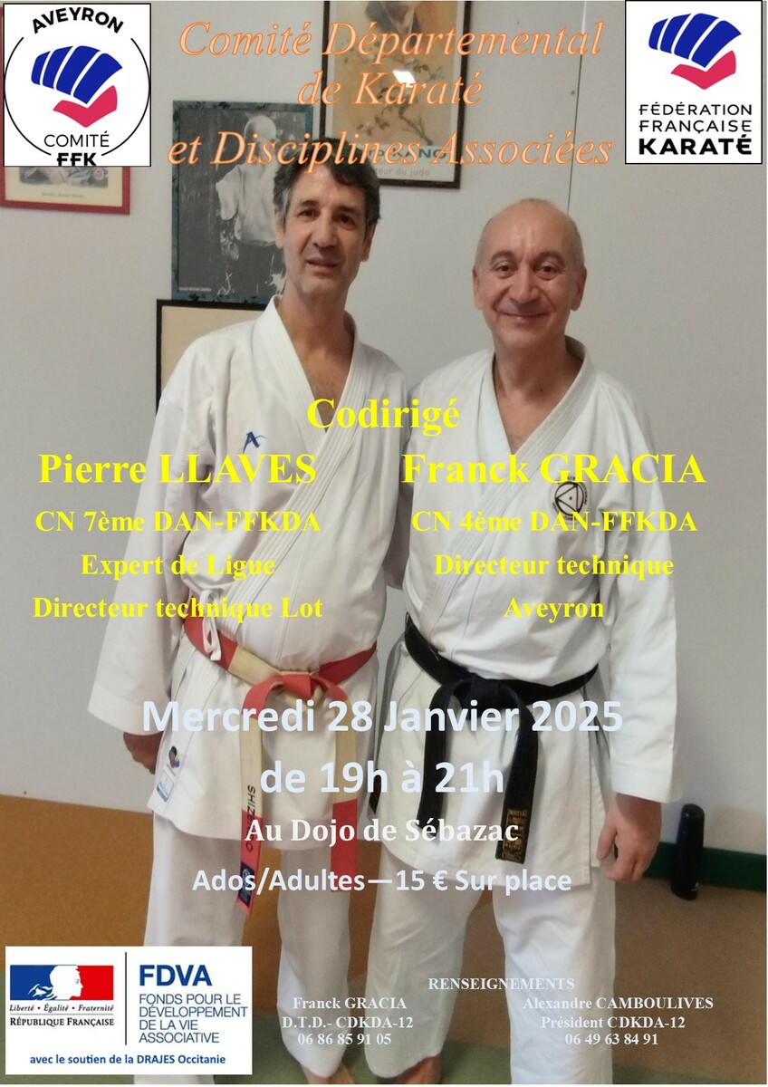 Stage Karaté CDK12 codirigé par Pierre LLAVES CN7 Expert de ligue et Franck GRACIA CN4 DTD le 28 Janvier 2026
