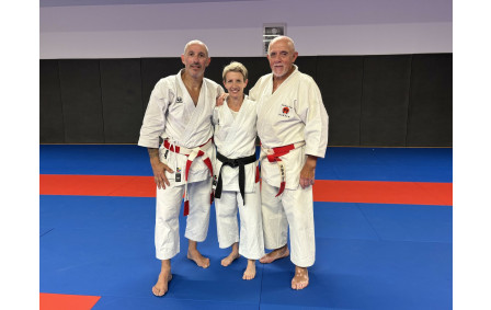 Céline RANSINANGUE CN5ème dan avec Frédéric ARCHIMBEAUD CN6ème et Bernard ALBOUY CN7ème le 07 Juin 2025 à Castelnau-le-Lez (34)