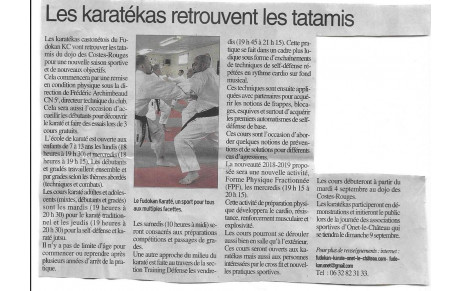 Reprise des cours de karaté 2018/2019