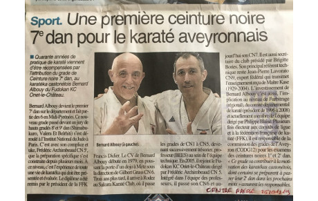 Article Centre Presse Aveyron : Première ceinture noire 7ème dan pour le karaté aveyronnais